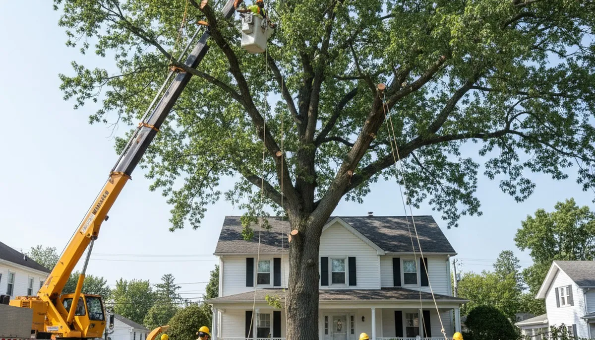 Arborists using bucket truck for large tree removal at Sewaren home near Staten Island NY