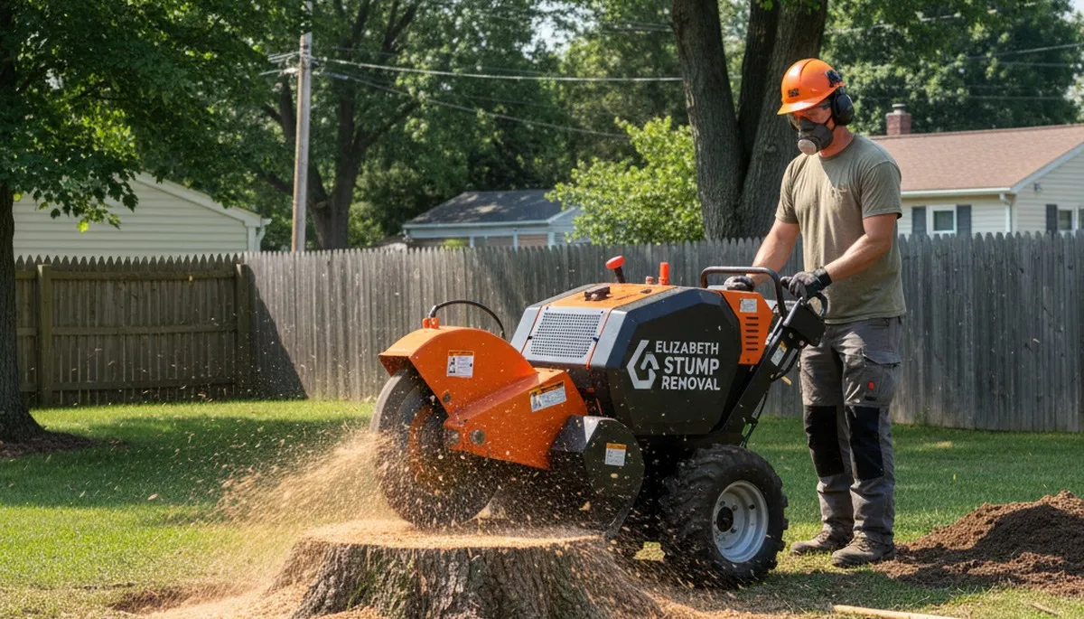 Professional stump grinding service removing tree stump in Staten Island NY yard for lawn restoration